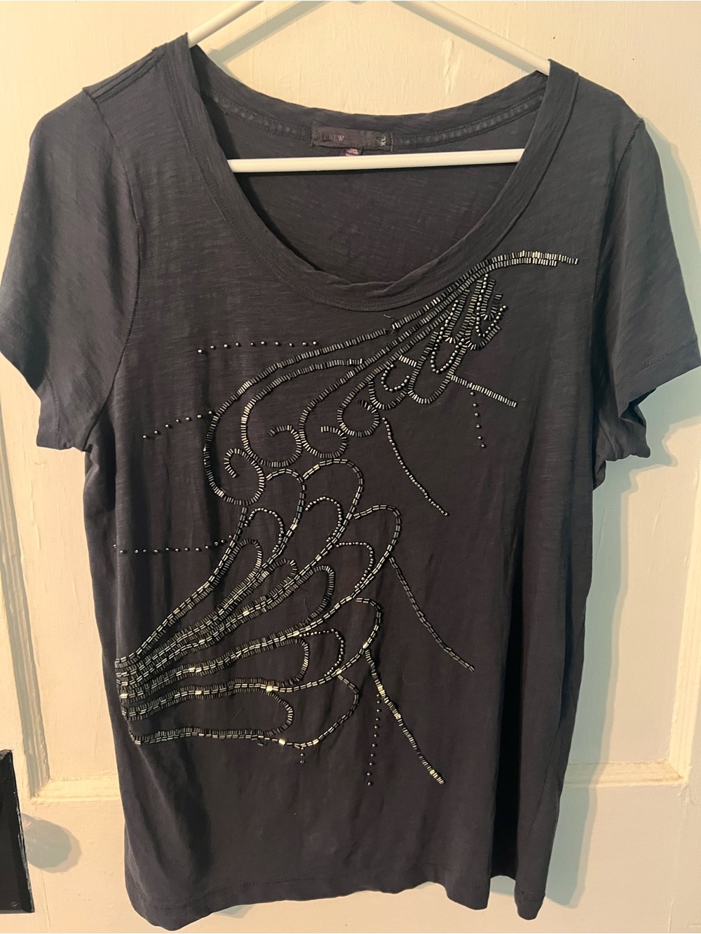 J. Crew Black Short-Sleeve Scoop Neck Tee with Beaded Design